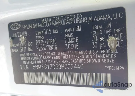 2009 Hyundai Santa Fe Gls из США, поврежденный, VIN 5NMSG13D59H302440